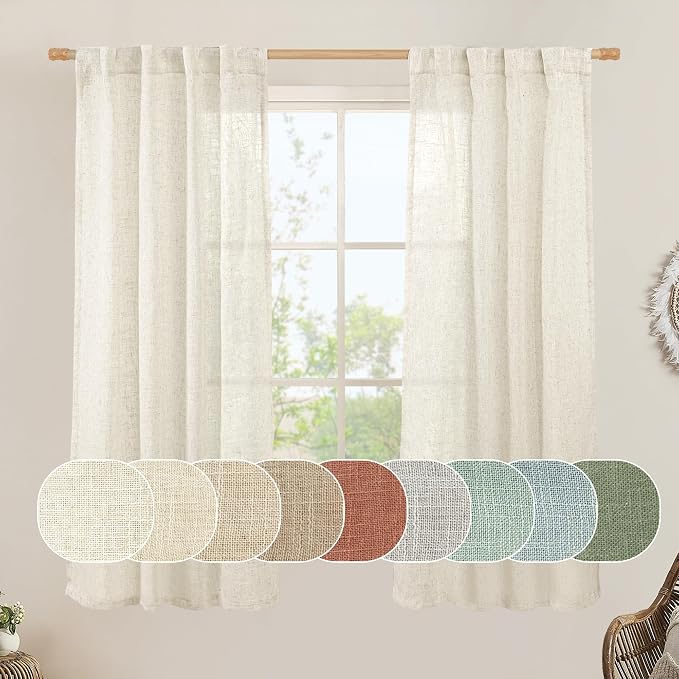 LAMIT Natural Linen Semi Sheer Curtains 63 Inch for Bedroom, Light Filtering Neutral Window Curtains Farmhouse Boho Back Tab and Rod Pocket Panels, Natural Cream Ivory, 2 Panels, 38 x 63 Inch