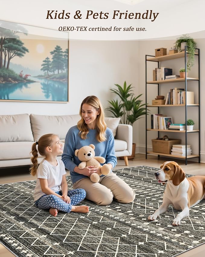 Miukiki 8x10 Area Rug for Living Room Moroccan Washable Rugs Non Slip Indoor Floor Carpet Foldable Large Soft Area Rug for Dining Room Bedroom with Low Pile(Black,8'x10')