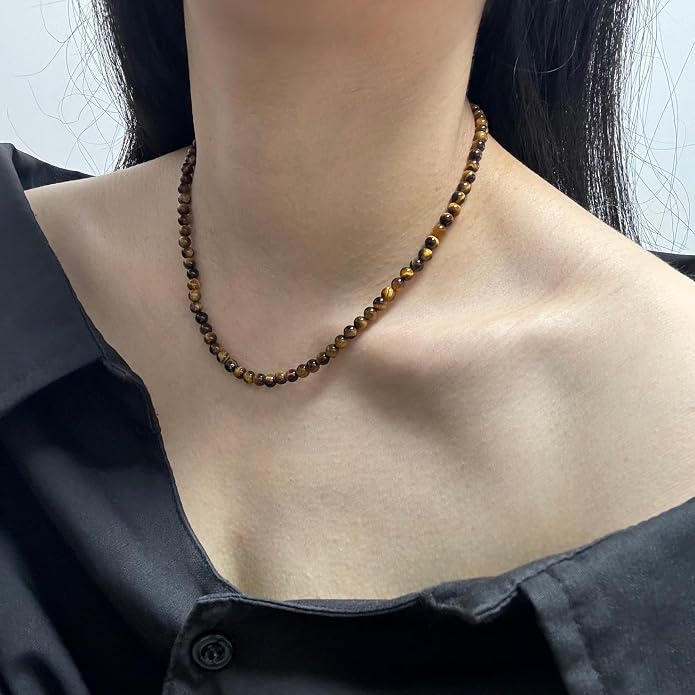 Kakikaki Natural Agate Choker Necklace Sterling Silver Round Beads Strand Necklace for Women
