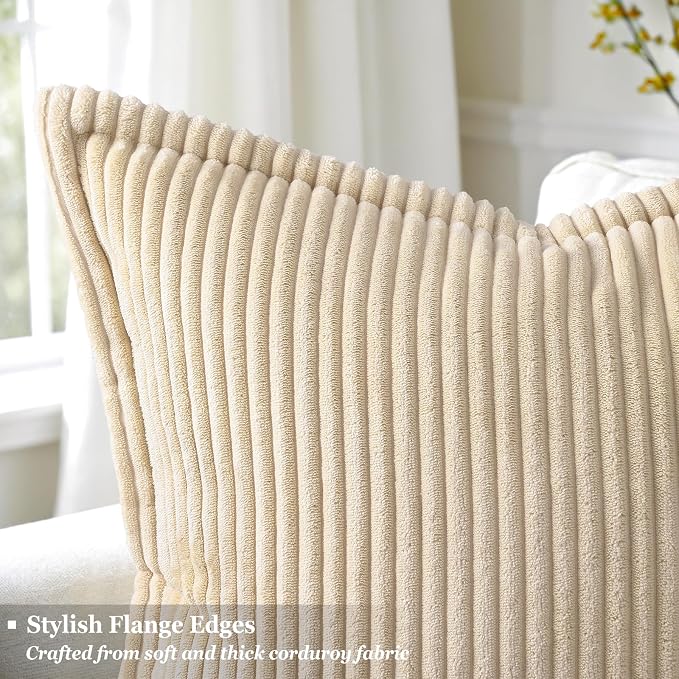 decorUhome Fall Corduroy Natural Beige Throw Pillow Covers 22x22 Set of 2 | Euro Sham Couch Decorative Soft Modern Boho Farmhouse Pillow Covers Broadside Striped Pillow Cases for Living Room Bed Sofa