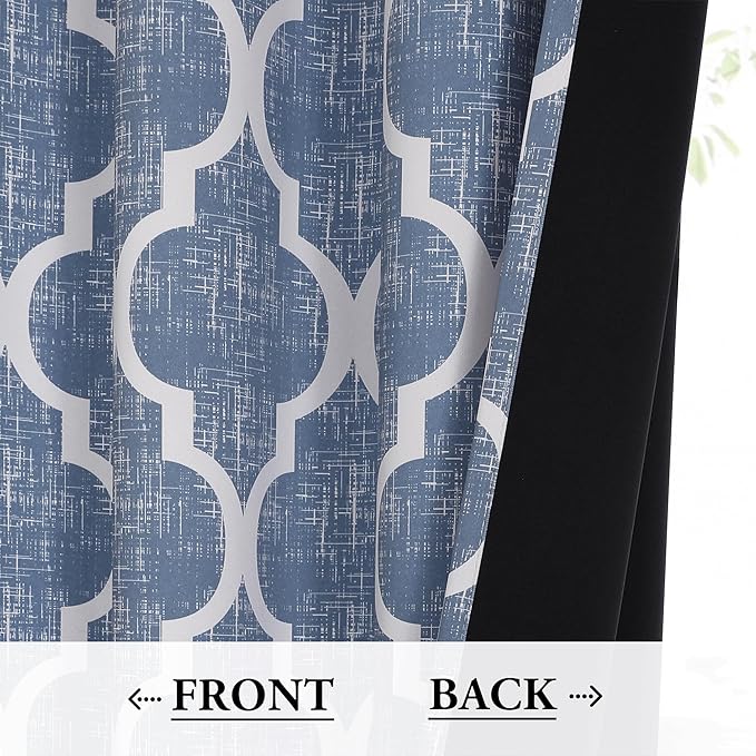Beauoop Moroccan 100% Blackout Curtains Bedroom Blue 50x54 2 Panels | Geometric Room Darkening Drapes for Living Room 54 Inch Long Thermal Insulated Soundproof Lattice Window Treatment Grommet