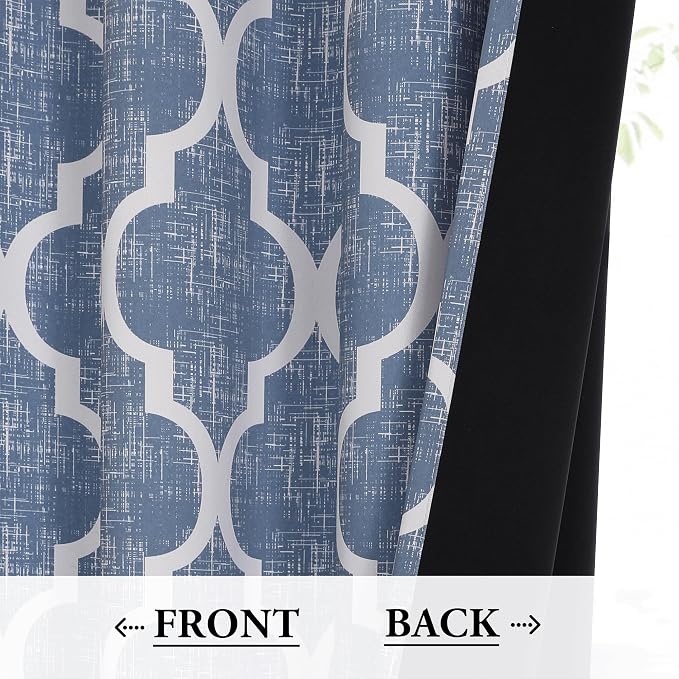 Beauoop Moroccan 100% Blackout Curtains Bedroom Blue 50x63 2 Panels | Geometric Room Darkening Drapes for Living Room 63 Inch Long Thermal Insulated Soundproof Lattice Window Treatment Grommet