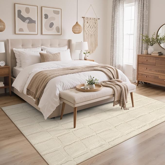 GENIMO Soft Washable Area Rugs 5x7, 3D Modern Tile Design Rugs for Living Room, High-Low Pile Textured Non Slip Fuzzy Shag Carpet, Non-Shedding Stain Resistant Beige Carpet for Bedroom, Dining Room