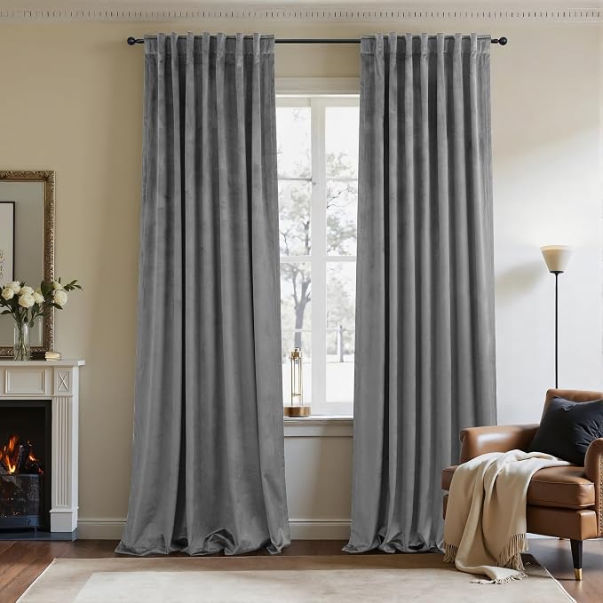 Grey Velvet Curtains 108 Inches Long 2 Panels Luxury Crush Velvet Blackout Drape Gray Back Tab Design Thermal Insulated Soundproof Noise Reducing Window Covering for Living Room French Door W52 x L108