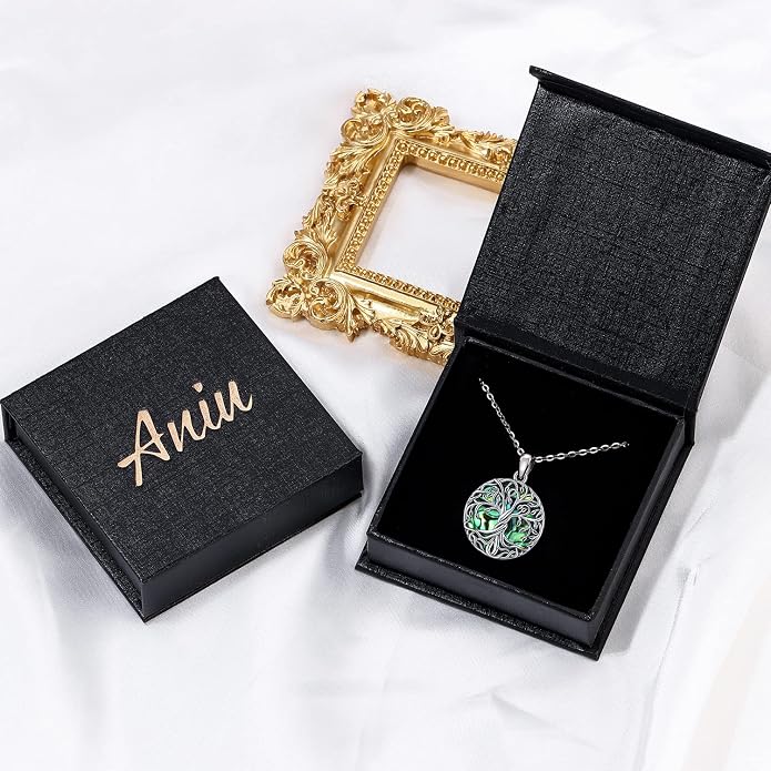 Aniu Tree of Life Necklace for Women, 925 Sterling Silver Mother of Pearl Family Palm Tree Charm Pendant Jewelry for Birthday Christmas Gift
