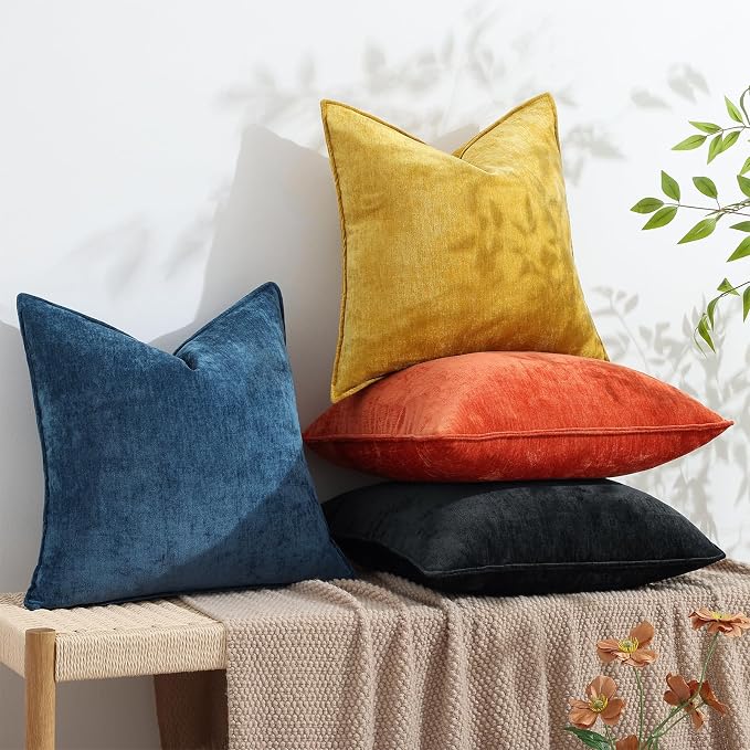 decorUhome Chenille Black Velvet Throw Pillow Covers 24x24 Set of 2 | Fall Soft Euro Sham Couch Decorative Modern Farmhouse Pillow Cases with Elegant Design for Sofa Bed Living Room Home Decor