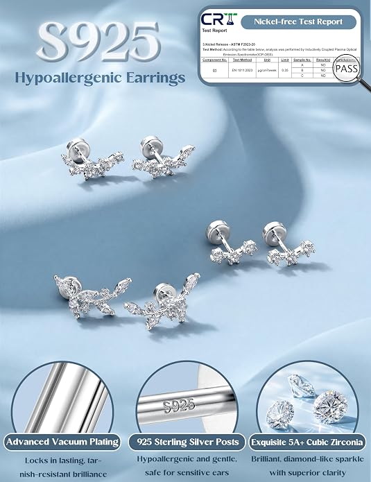 ORAZIO 925 Sterling Silver Flat Back Stud Earrings for Women Hypoallergenic 14K Gold Plated Cartilage Earrings for Sensitive Ears Small CZ Opal Conch Helix Tragus Piercing Jewelry 3 Pairs 20G