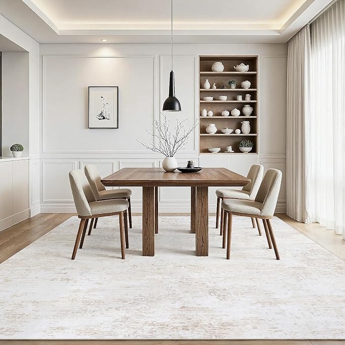 9x12 Area Rugs Living Room Rug Modern Abstract Neutral Washable Rugs Non Slip Soft Carpet Large Area Rug Low Pile Stain Resistant Non Shedding for Bedroom Nursery Dining Room Home Office Beige White