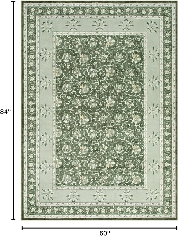 Lahome Floral Green Rugs for Bedroom, Non Slip Washable Rugs 5x7 Rug for Living Room, Stain Resistant Vintage Floral Rug for Dining Room Office (5'x7', Green)