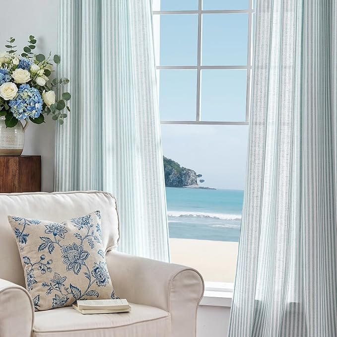jinchan Linen Curtains 84 inch Aqua Blue Stripe on White Grommet 2 Panels | Curtains for Living Room Bedroom,Ticking Vertical Stripe ,Modern Beachy Coastal Drapes,Window Treatment,Light Filtering