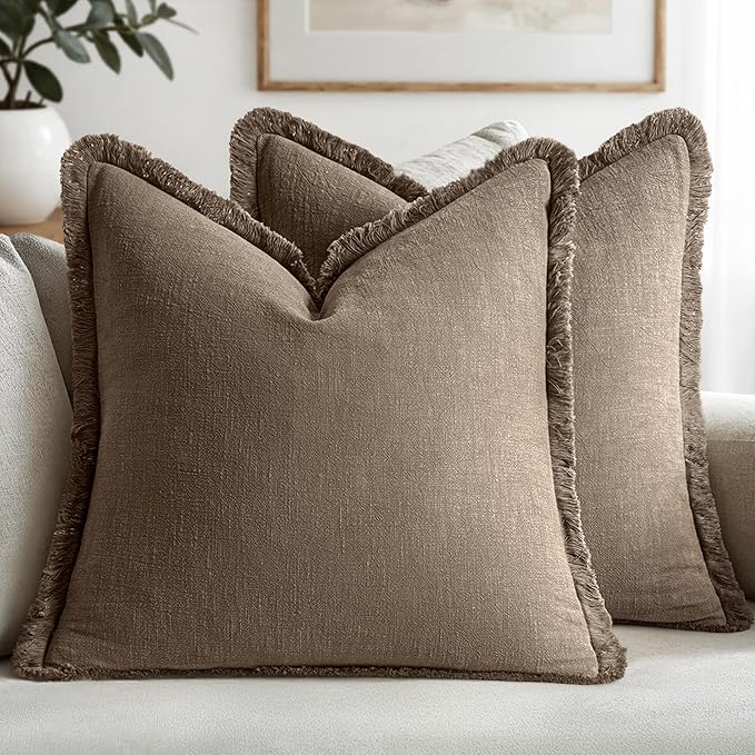 MIULEE Decorative Throw Pillow Covers Neutral Linen Fringe Throw Pillows Euro Shams Set of 2 Cocoa Brown Boho Farmhouse Cushion Covers for Couch Sofa Bed Living Room Fall Home Decor 26x26 Inch