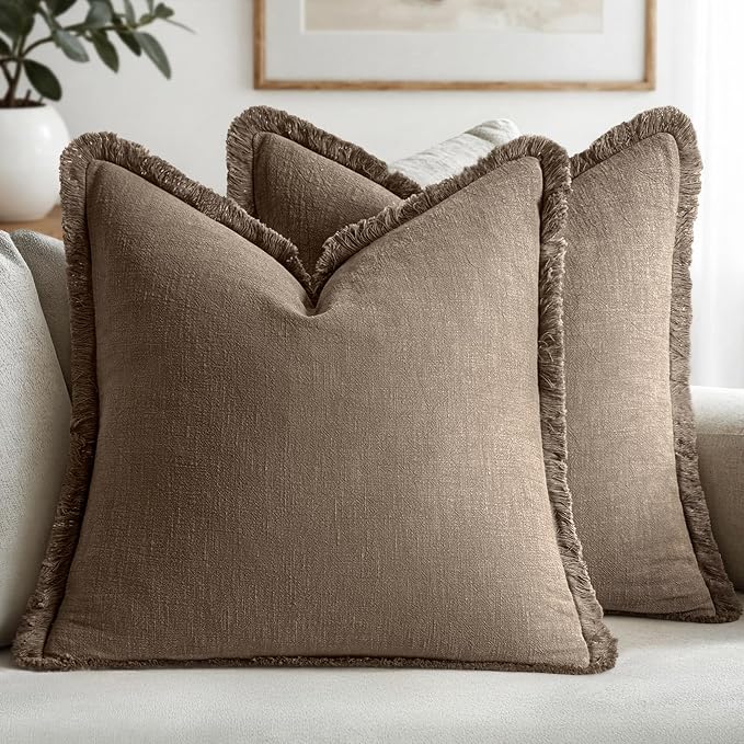MIULEE Decorative Throw Pillow Covers Neutral Linen Fringe Throw Pillows Set of 2 Cocoa Brown Boho Farmhouse Cushion Covers for Couch Sofa Bed Living Room Fall Home Decor 20x20 Inch