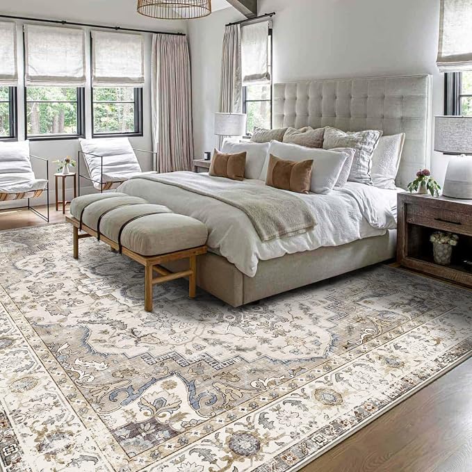 LUXRUG Washable Area Rug 8x10 - Large Cream Boho Rugs for Living Room Soft Vintage Bedroom Rug Ultra-Thin Farmhouse Oriental Distressed Carpet Non Slip Rug for Dining Room Guest Room Home Decor