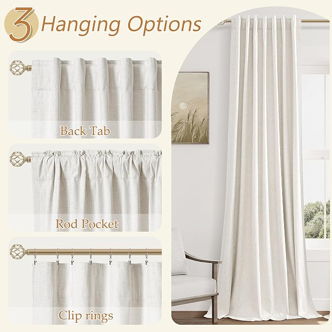 Beige White 100% Blackout Linen Curtains 104 Inch Length 2 Panels Set for Living Room Bedroom Back Tab Thermal Insulated Black Out Drapes Room Darkening Farmhouse Style for Bedroom Window Curtains