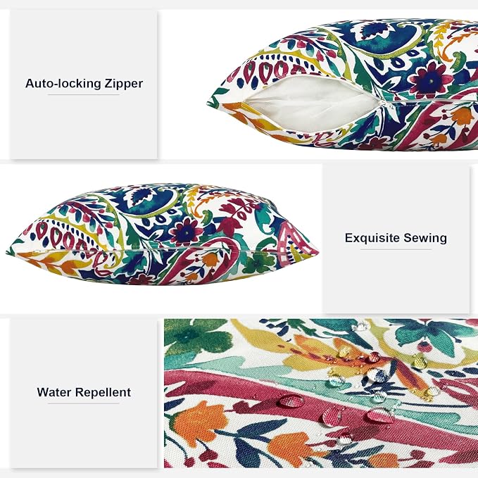 Outdoor Lumbar Pillows, Water Repellent Cushion Pillows 12x20 Inch, Outdoor Pillows with Inserts for Home Garden, Pack of 2, Vigour Paisley