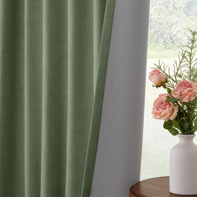 INOVADAY 100% Blackout Curtains for Bedroom, Moss Green Black Out Curtains 108 Inch Long, Clip Rings Linen Blackout Drapes, Thermal Insulated Room Darkening for Living Room, 2 Panels - W50xL108