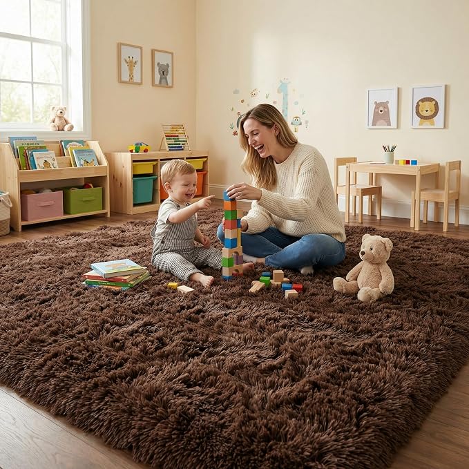 Fluffy Rugs for Living Room: Coffee Brown Soft Shag Rug for Bedroom, Large Fuzzy Plush Indoor Carpet Non Slip Modern Rug for Nursery Kids Room Dorms Office Home Decor, 7x10 Feet