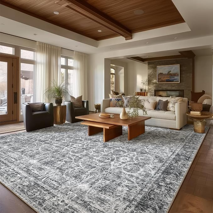 Washable Rugs for Living Room: 9x12 Area Rugs for Bedroom Ultra Soft Non-Slip Stain Resistant Vintage Boho Large Carpet for High-Traffic Dining Room - Farmhouse Decor
