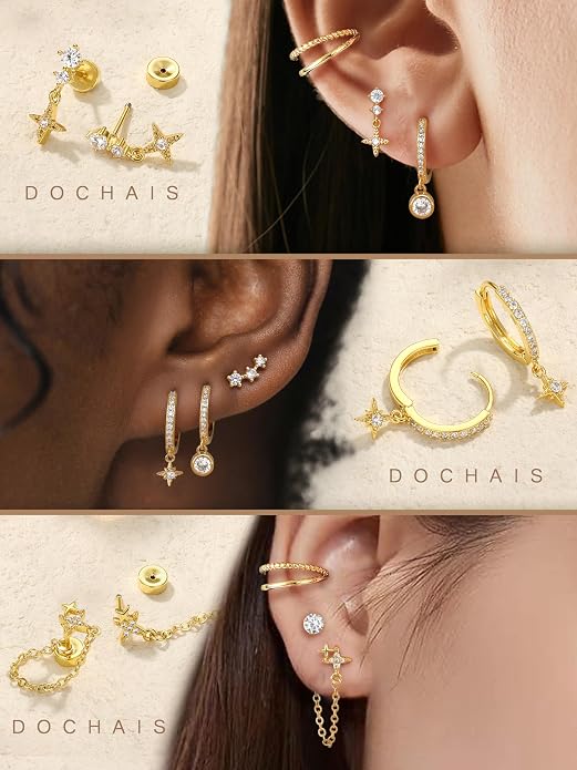 Dochais Flat Back Cartilage Earrings for Women Trendy Dainty CZ Flatback Studs Earing Sets 14k Gold Plated Hypoallergenic Huggie Hoops Earring Stacks for Multiple Piercing