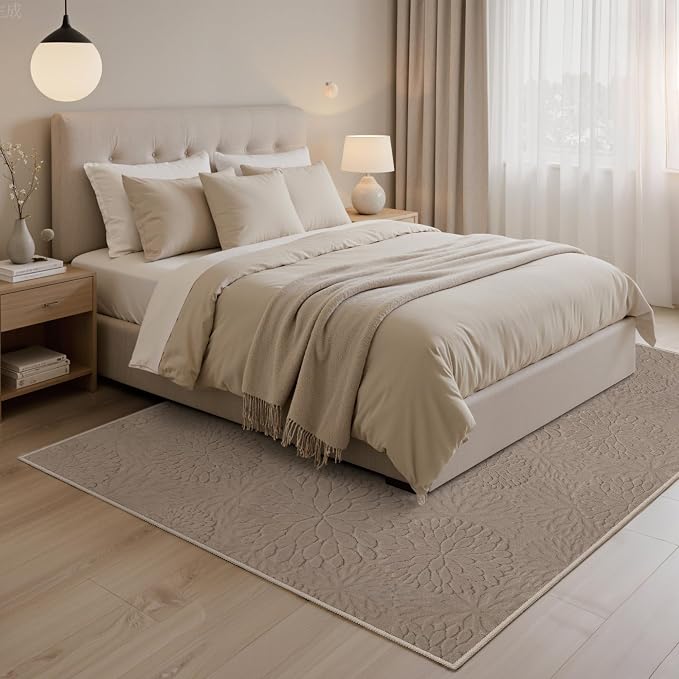 GENIMO Soft Washable Area Rugs 8x10, 3D Modern Floral Rugs for Living Room, High-Low Pile Textured Non Slip Fuzzy Shag Carpet, Non-Shedding Stain Resistant Light Brown Rugs for Bedroom, Dining Room