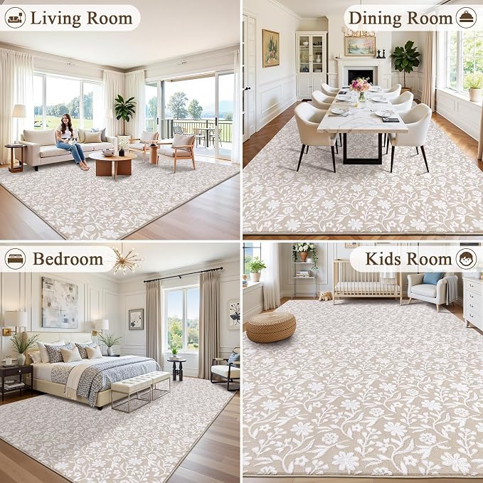 Vaukki 8x10 Area Rug for Living Room, Soft Fluffy Washable Modern Floral Indoor Floor Mat, Non Slip Shaggy Boho Accent Throw Carpet for Bedroom, Living Room, Nursery and Dining Room, Beige and White