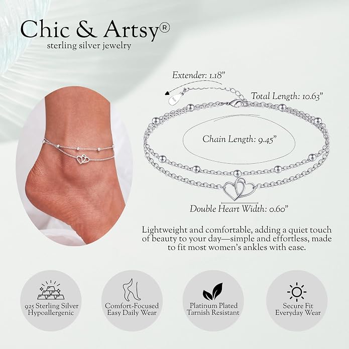 CHIC & ARTSY 925 Sterling Silver Ankle Bracelets for Women, Adjustable Layered Foot Chains with Nature & Symbol Charms, Lightweight Comfort Fit Boho Beach Everyday Jewelry