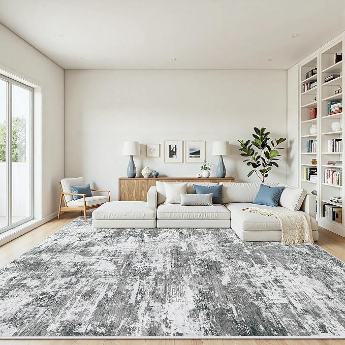9x12 Area Rugs Living Room Rug Modern Abstract Neutral Washable Rugs Non Slip Soft Carpet Large Area Rug Low Pile Stain Resistant Non Shedding for Bedroom Nursery Dining Room Home Office Gray