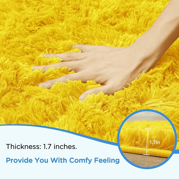 Yellow Fluffy Shag Area Rug for Bedroom Living Room Boys Kids, 4x6 | Ultra Soft Comfy, Fuzzy Shaggy Plush Carpet for Nursery Girls Teen Dorm, Modern Indoor Home Decor, Upgrade Non-Slip