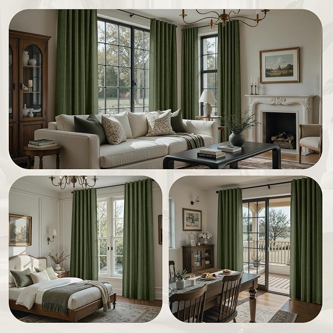 HOMEIDEAS 100% Blackout Faux Linen Olive Green Curtains，Modern Farmhouse Luxury Winter Curtains 96 Inches Long 2 Panels, Rod Pocket & Back Tab for Boho Vintage Living Room,Bedroom Decor