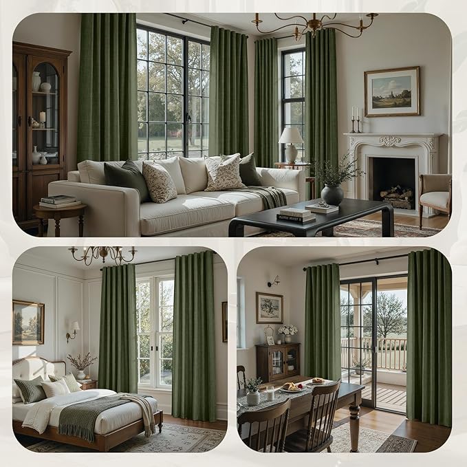 HOMEIDEAS 100% Blackout Faux Linen Olive Green Curtains，Modern Farmhouse Luxury Winter Curtains 84 Inches Long 2 Panels, Rod Pocket & Back Tab for Boho Vintage Living Room,Bedroom Decor