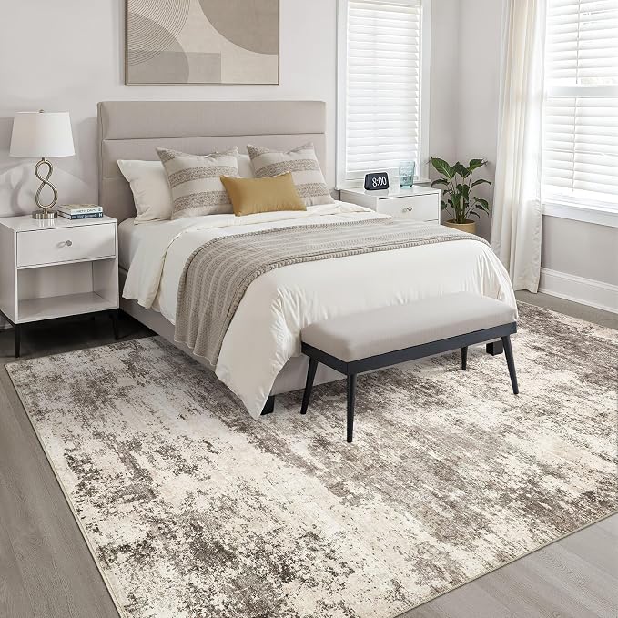 8x10 Area Rugs Living Room: Washable Large Neutral Rug Abstract Soft Modern Stain Resistant Indoor Floor Non-Slip Carpet for Bedroom Nursery Kids Office Playroom Dining Room Under Table- Mocha Brown