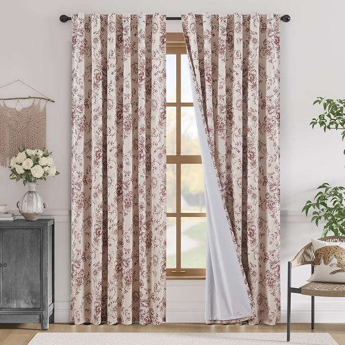 jinchan Red Floral Linen Blackout Curtains Lined 90 Inch Back Tab 2 Panels | Blackout lining, room darkening drapes, farmhouse, vintage, cottagecore, rustic, bedroom, living room, window treatment
