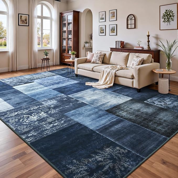 DweIke Washable Area Rugs 9x12 for Living Room, Large Modern Geometric Navy Blue Soft Patchwork Carpet, Non-Slip Stain Resistant Throw Rug for Bedroom Dining Room Office Home Decor