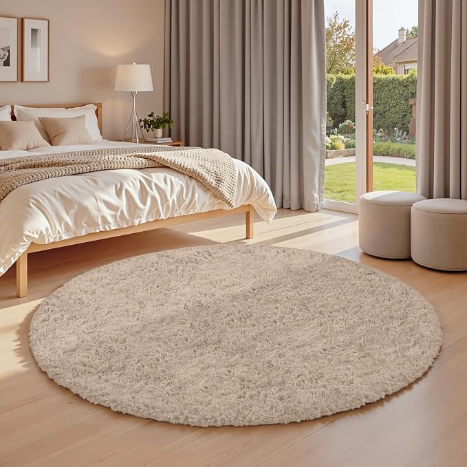 Beige Round Fluffy Rug 5ft,Soft Bedroom Circle Rugs Mats for Kids Girls Nursery Room,Washable Plush Shaggy Indoor Non Slip Rug for Bedside Living Room Bedroom Circular Carpet,Home Decor Aesthetic