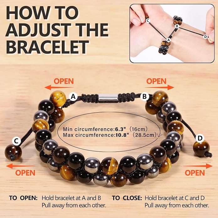 Triple Protection Bracelet, Genuine Tigers Eye Black Obsidian and Hematite 8mm Beads Bracelet for Men Women, Crystal Jewelry Stone Bracelets Gifts for Men Bring Luck Prosperity