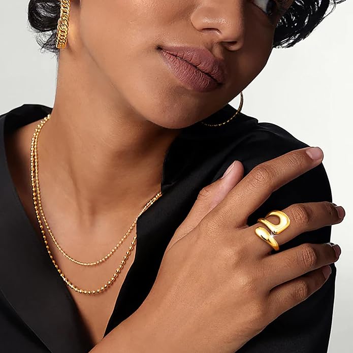 Gelbesty Waterproof Gold Statement Rings for Women, 14K Gold Plated Chunky Open Stackable Rings Non Tarnish Fashion Adjustable Stainless Steel Pinky Knuckle Signet Vintage Ring Jewelry Size 5-11