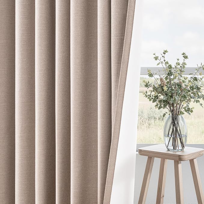 Topfinel 92 inch Long Blackout Curtains 2 Panels Set Neutral Beige Window Drapes 100% Blackout Linen Curtain with Back Tab Rod Pocket Sunlight Blocking Thermal Insulated Panel for Bedroom Living Room
