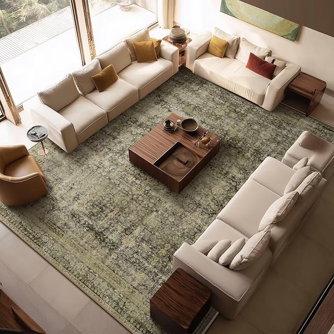 Boho Washable 10x14 Area Rugs for Living Room, Cushioned, Dark Green | Vintage Non-slip Neutral Oriental Rugs for Bedroom Dining Room Nursery Office High Traffic Area