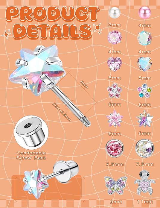 LOYALLOOK 14Pairs Hypoallergenic Screwback Earrings for Women Girls Tiny CZ Pearl Ball Heart Flower Screw Back Earring Studs 316L Stainless Steel Stud Earrings Flatback 20G Over 3 Years Old