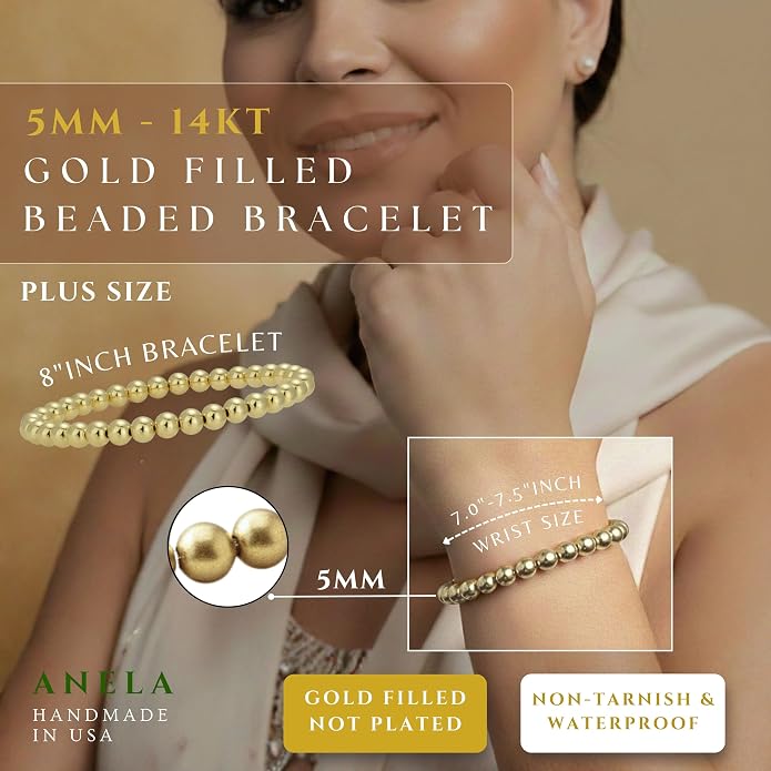 Anela 14k Gold Filled Beaded Bracelet for Women | 5mm Gold Beaded Bracelet | Stackable Gold Stretch Bracelets, Waterproof, Non Tarnish Gold Bead Bracelet for Women Gifts, Handmade in USA