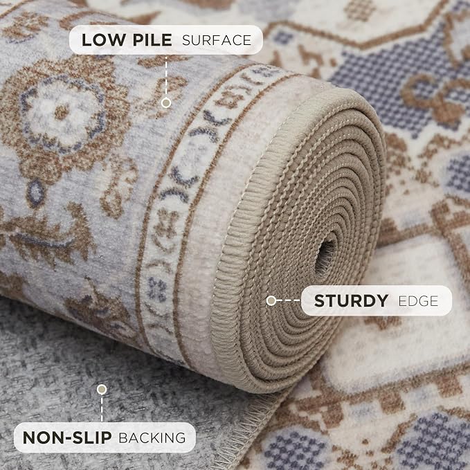 Joydeco 8x10 Area Rugs for Living Room, Non Slip Machine Washable Vintage Rug, Low Pile Chenille Print Rugs for Bedroom, Dining Room, Home Office, Pet & Child Friendly, Beige & Blue & Reddish-Brown
