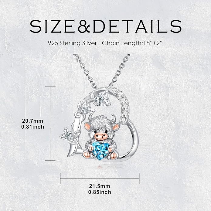 PELOVNY Teddy Bear Necklace for Women 925 Sterling Silver Bear/Highland Cow/Fox/Cat/Axolotl Birthstone Necklace Christmas Birthday Jewelry Gifts for Mom Daughter Wife Sister
