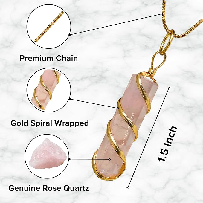 Amazing Gemstone Rose Quartz Crystal Necklace Pendant For Women, Gold Wire Wrapped Dainty Minimalist Healing Crystal Necklaces For Men Unisex Necklace Jewelry Adjustable Chain & Leather Cord