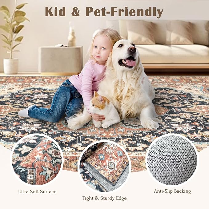 LUXRUG 6x9 Area Rug for Living Room - Terracotta Black Washable Rugs for Bedroom Non-Slip Oriental Farmhouse Soft Bedroom Rug Stain Resistant Dining Room Rugs for Under Table Southwestern Home Decor