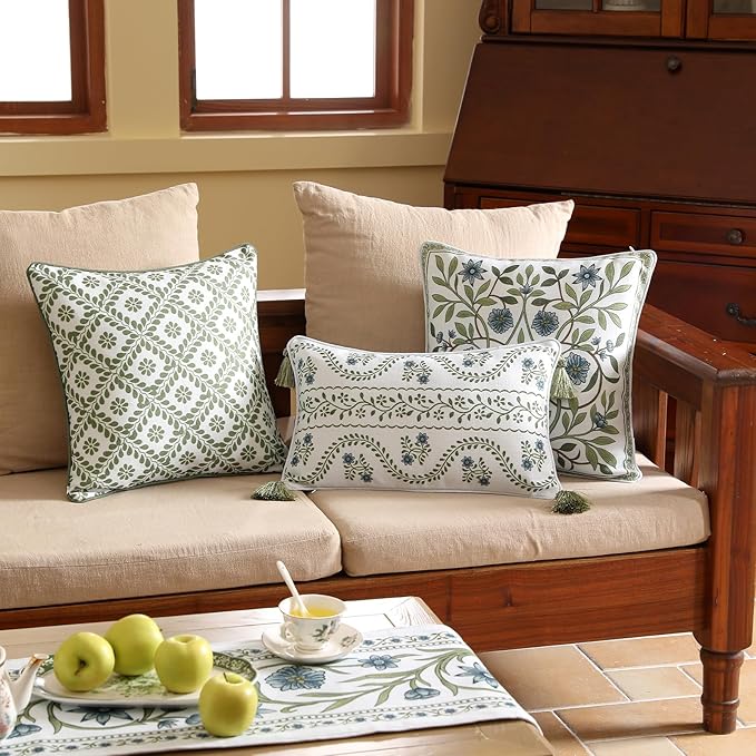 ISAENNE Designer Linen Throw Pillow Cover,Set of 2,18"x18"-Mosella C | French Elegant Square Decor Pillow Cover,Concealed Zipper Design,Floral Pattern,Sofa,Bedroom,Living Room,Lounge Chairs