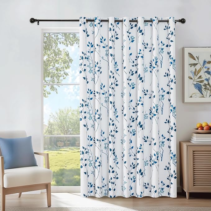 Beauoop Floral 100% Blackout Sliding Door Curtains Navy Blue 100x84 1 Set | Flower Patterned Navy White Room Darkening Patio Curtains Extra Wide Room Divider Drapes Thermal Window treatment Grommet