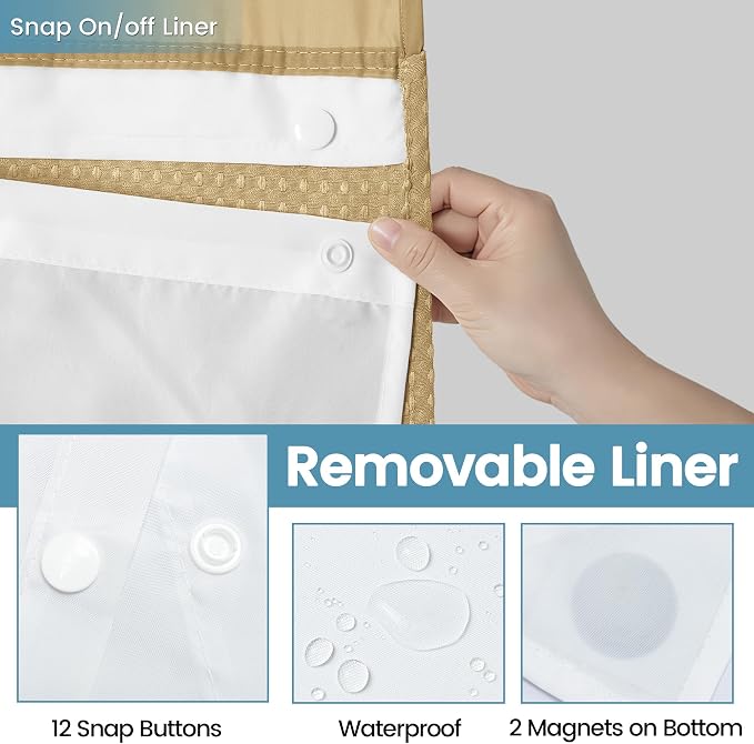 EUTXL Heavyweight Beige No Hook Shower Curtain with Snap in Liner,256GSM Waffle Weave Shower Curtains for Bathroom,71W x 74H