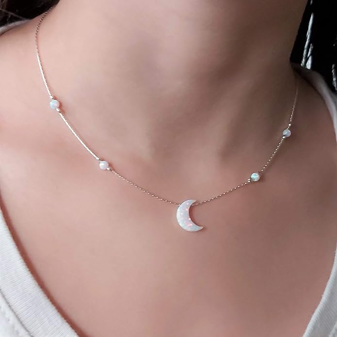 AVNIS White Opal Moon Necklace Crescent Moon Choker Jewelry, Dainty Box chain Length 16+2 Inches extender Gift for Girl Women
