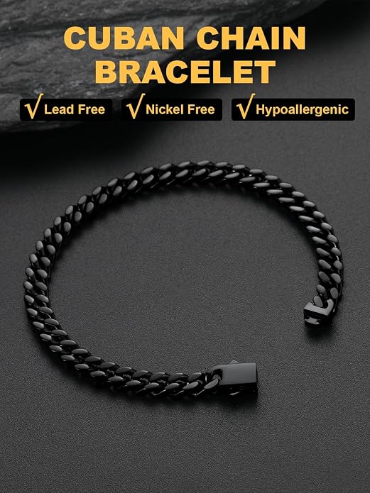 U7 Cuban Link Bracelets for Men Stainless Steel Wrist Bracelet Silver Black Gold Cuban Hand Chain Bracelet for Mens Women, 5/7/9/12mm Width, 7.5/8.3/9 Inch Length Classic Jewelry with Box Packed