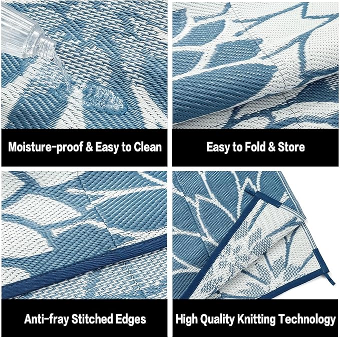 HUGEAR 8'x10' Outdoor Rug Waterproof Plastic Straw Rugs Large Blue Reversible Floral Mat Floor Carpet for Camping RV Deck Entryance Porch Picnic Balcony Beach Backyard